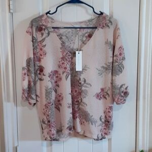 LUCKY BRAND Size Small Dusty Pink Floral V Neck Shirt Cotton Blend
